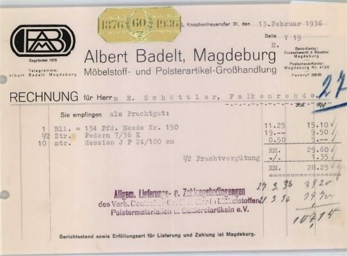 Magdeburg Firmenrechnung Möbelstoff- und Polsterartikel Badelt, 1936