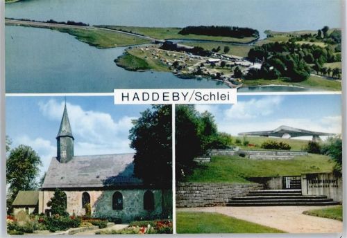 Haddeby Kirche, Fliegeraufnahme Campingplatz am Ufer der Schlei