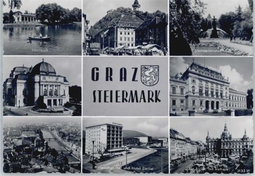 Graz Hilmteich, Stadtparkbrunnen, Universität, Opernhaus, Blick vom Schloßberg, Bahnhof, Hotel Daniel, Hauptplatz, Rathaus
