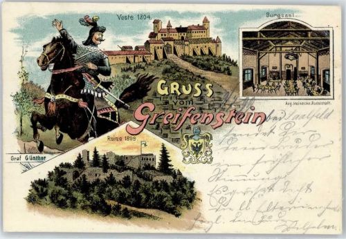 Greifenstein Veste 1304, Ruine 1899, Ritter auf Pferd, Burgsaal