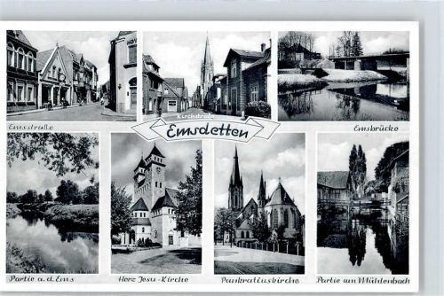 Emsdetten Emsstraße, Kirchstraße, Emsbrücke, Herz Jesu Kirche, Pakratiuskirche, Mühlenbach