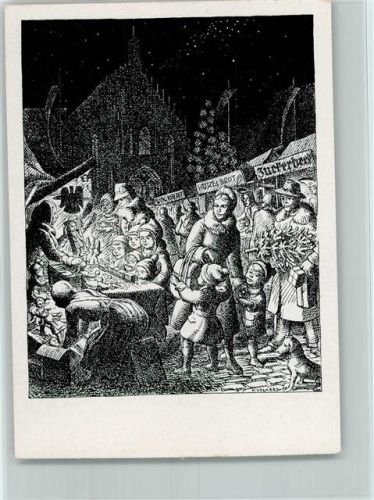 sign Konrad Volkert - Weihnachtsmarkt , Marktszene - Nr. 24 Verlag Mendelsohn Künstler Künstlerkarte