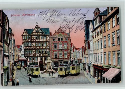 Gießen 1916 Marktplatz Straßenbahnen Denkmal Feldpoststempel