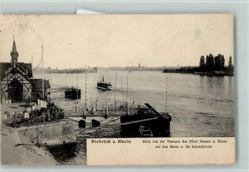 Biebrich Blick von der Terrasse des Hotel Nassau u. Krone auf den Rhein u. die Kaiserbrücke