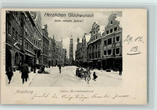 Augsburg 1903 Untere Maximilianstrasse Pferdeschlitten Winteraufnahme