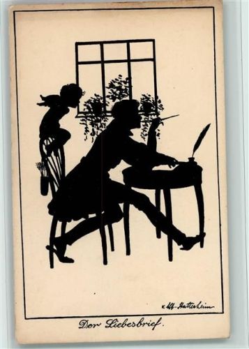 Scherenschnitt Der Liebesbrief junger Mann Tintenfass Tisch Blumenfenster sign. Alf.Stutterheim No.466/1