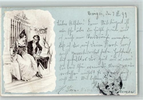 1899 Liebespaar auf einer Bank - 1899 AK Stempelfleck, Eckknick