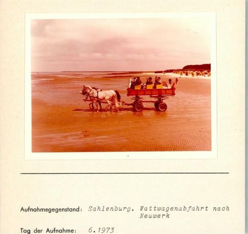 Sahlenburg Wattwagenabfahrt nach Neuwerk Pferdekutsche Foto montiert auf Karton