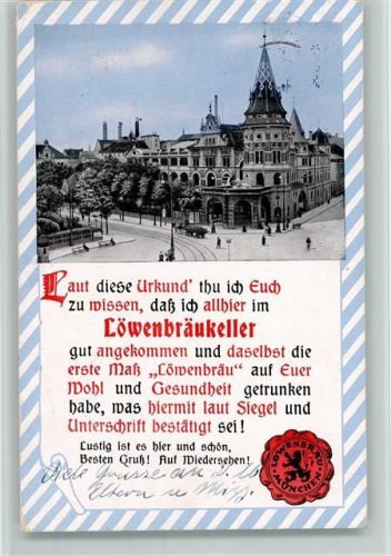 W8000 München Urkunde Löwenbräukeller Löwenbräukeller