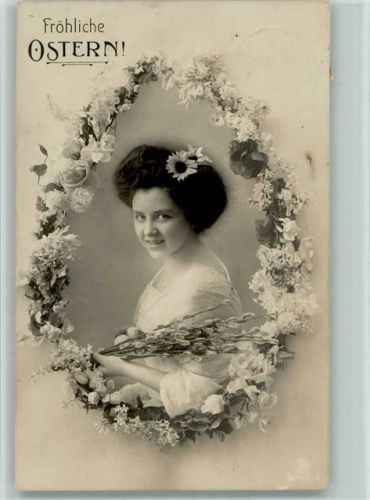 1913 Ostern - Blumenkranz ist Ostereiform, Frauenschönheit mit Kätzchenzweige - Rotophot