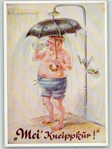 Mei Kneippkur Mann unter Dusche mit Regenschirm Bierkrug