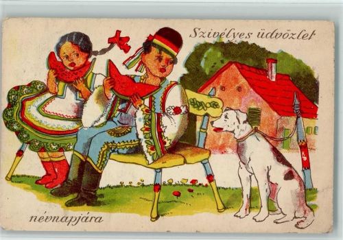 1903 Mann und Frau in ungarischer Tracht essen Wassermelone Hund schaut zu