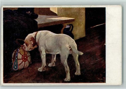Bulldogge schnüffelt anTasche sign.Heyer