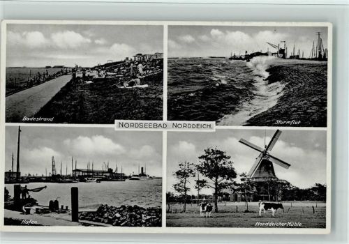Norddeich Badestrand Sturmflut Hafen Norddeicher Mühle Kühe 4-Bildaufnahme Bahnpoststempel Zug 644
