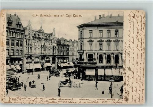 Hannover 1901 Ecke Bahnhofstrasse mit Café Kasten Pferdekutsche Straßenbahn