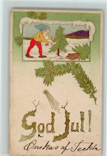 1910 God Jul - Zwerg mit einem Tannenbaum, passepartout AK