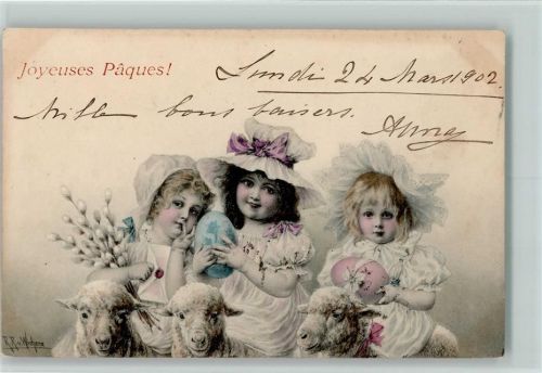 1902 Ostern - Joyeuses Paques - Kinder mit Schafe und Ostereier , M.M. Vienne