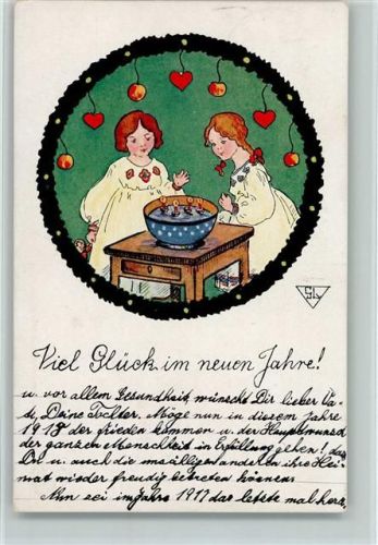 1917 Kinder lassen Kerzen schwimmen - signiert GL