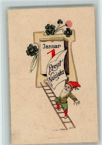 1910 Neujahr - Kalender, Zswerg auf einer Leiter AK