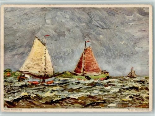 Werbung Eduscho Kaffe - Künstlerkarten - Ölgemälde v. Walter Bertelsmann - Segelboot an der Wesermündung AK Kaffee 1940 Künstlerkarte