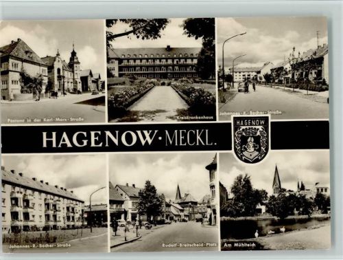 Hagenow Postamt in der Karl-Marx-Straße Kreiskrankenhaus Johannes-R.-Becher-Straße Rudolf-Breitscheid-Platz Am Mühlteich Wappen Mehrfachaufnahme