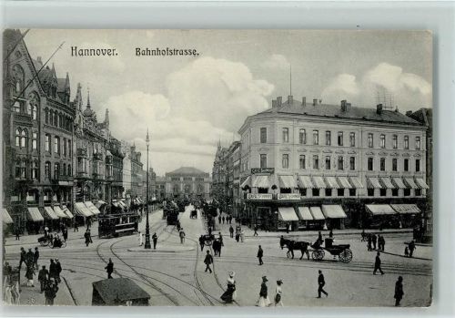 Hannover 1906 Bahnhofstrasse Straßenbahn Pferdekutsche Café Schmidt
