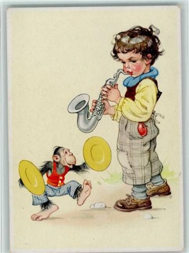 1940 Kind und Affe musizieren AK