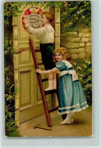 1910 Kinder hängen einen Kranz an die Haustür AK
