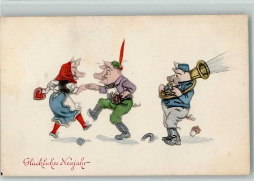 1932 Verlag BKW Serie 2950-2 - Neujahr, vermenschlichte Schweine musizieren