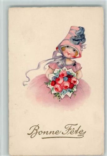 Bonne Fete - Geburtstag - Mädchen mit einem Rosenstrauß, Hutmode mit Federn AK