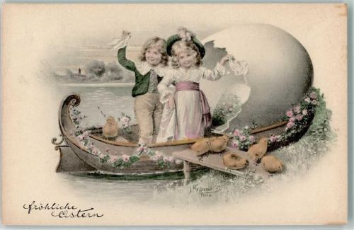 1911 Verlag BKW Serie 4095-6 - Ostern - Ruderboot und halbes Osterei AK