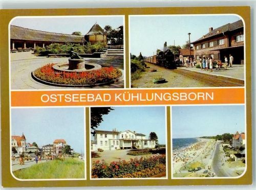 Kühlungsborn Konzertgarten Ost Bahnhof mit Molli Schmalspurbahn Technisches Denkmal Strandpromenade Ostsee-Hotel Reisebüro der DDR Blick zum Strand