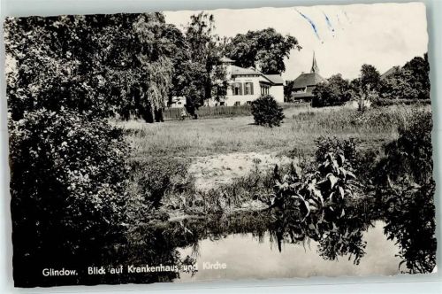 Glindow Blick auf Krankenhaus und Kirche Rückseite mit Abschürfungen bzw Kleberesten