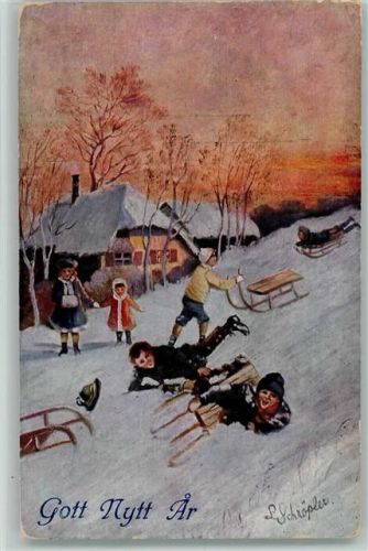 1925 Gott Nytt Ar - Kinder, Rodelpartie , sign Schröpler
