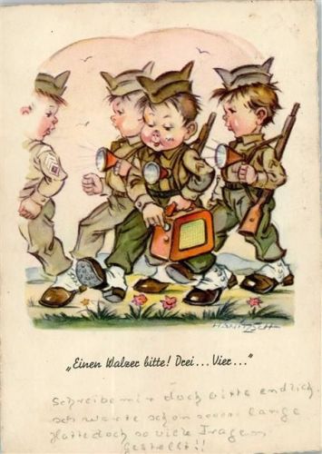 1957 Karikatur von Hanitzsch Kofferradio Kinder in Uniform