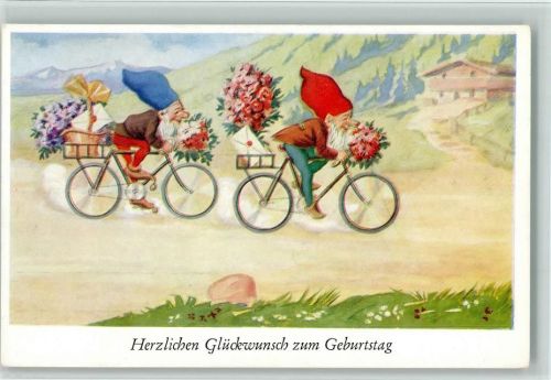 1954 Geburtstag- Gratulanten auf einem Fahrrad AK