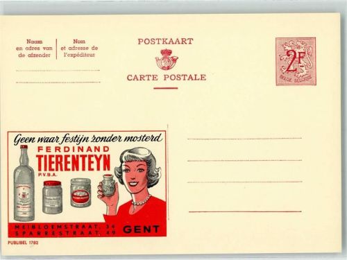 Tierenteyn Senf, Mosterd, Publibel 1782 Belgische Ganzsache Wertstufe 2,00