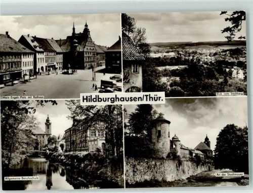 Hildburghausen Rückseite mit Abschürfungen bzw Kleberesten Berufsschule Marx Engels Platz Rathaus Stadtmauer