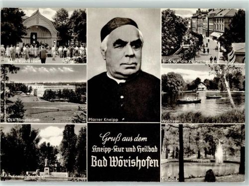 Bad Wörishofen Beim Kurkonzert LVA-Sanatorium Am Kneippdenkmal Pfarrer Kneiipp Blick auf die Kurpromenade Waldsee urpark