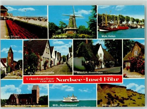Föhr Wyk Strand Mühle Hafen Glockenturm Haeberlingstraße Nieblum Rosenhaus Friesenhaus St. Johannis Kirche MS Nordfriesland Goting-Kliff