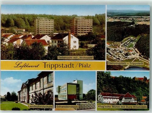 Trippstadt Fliegeraufnahme Teilansicht mit Wohnstift Campingplatz Landesforstschule Schwesternheim Klug'sche Mühle mit Burg Wilenstein Rückseite mit Abschürfungen bzw Kleberesten