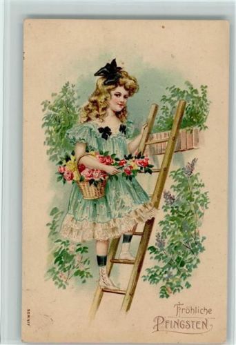 1909 Pfingsten - Mädchen steht auf der Leier, Rosenkorb AK