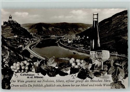 Cochem Blick nach Cochem Trauben Weinflasche Weinglas