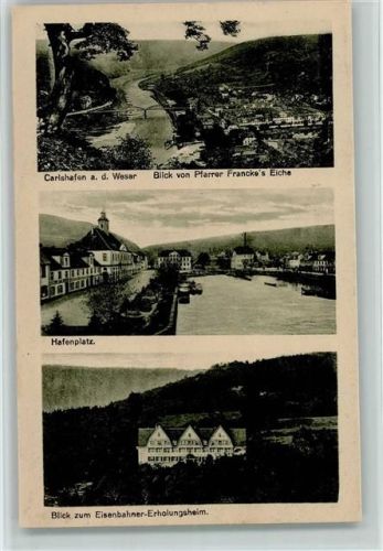 Bad Karlshafen Blick vom Pfarrer Franckes Eiche Hafenplatz Blick zum Eisenbahner-Erholungsheim 3-Bildaufnahme