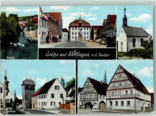 Röttingen Marktplatz Kapelle Torturm Fachwerkhäuser Rückseite mit Abschürfungen bzw Kleberesten