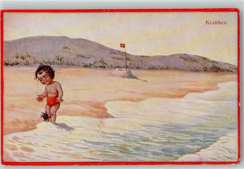 Kind am Strand mit Krabbe Tuck´s Postkarte Oilette Serie Junge Krabben No.937