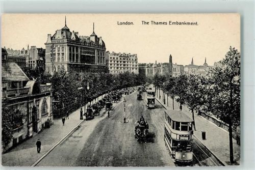 London The Thames Embankment Straßenbahn AK