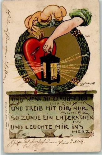 1900 Lithographie sign. G. Graf Spruch Laterne Herz