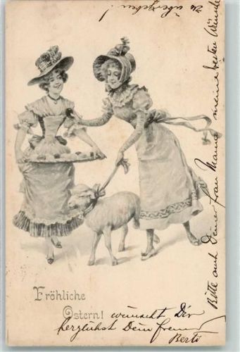 1901 Verlag BKW I Biedermeier Frauen Lamm Tablett mit Ostereier AK