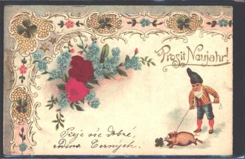 1904 Prägedruck Neujahr Schwein Rosen Vergissmeinnicht AK